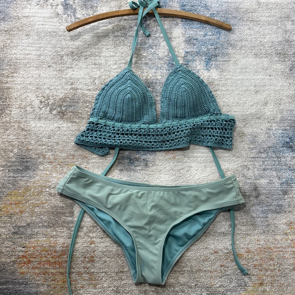 Women's Crochet Halter Bikini 2 Piece Teal Green Boho Swimwear S/M